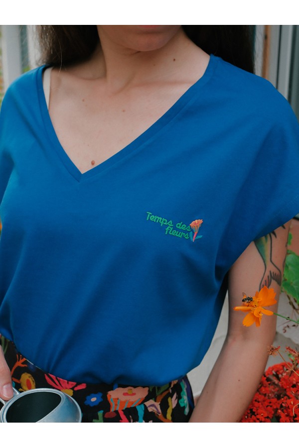 Camiseta pico azul fleurs