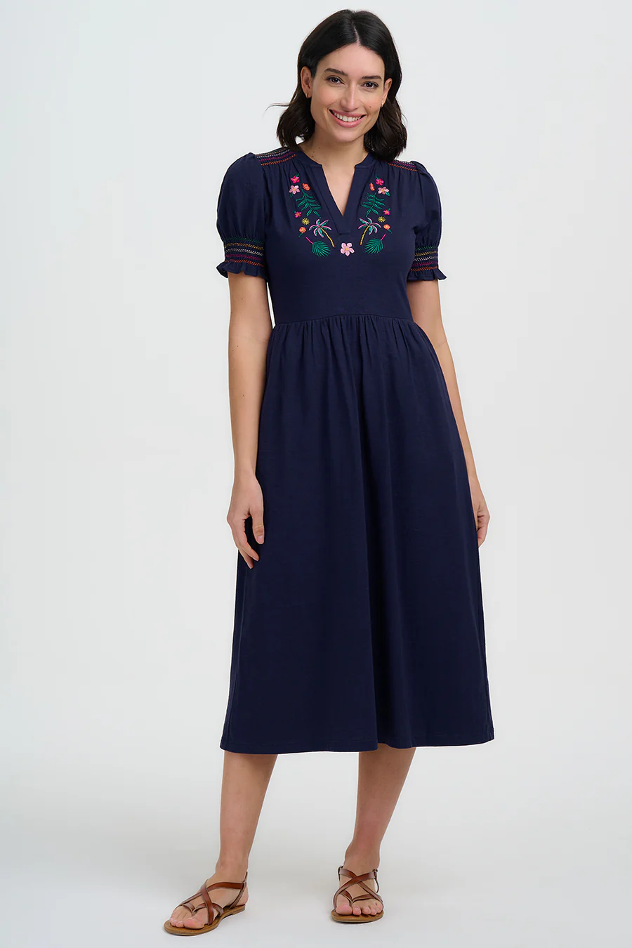 Vestido Midi - Azul marino, bordado de palmeras tropicales - Imagen 2