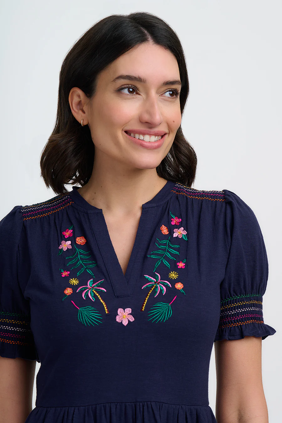 Vestido Midi - Azul marino, bordado de palmeras tropicales - Imagen 3